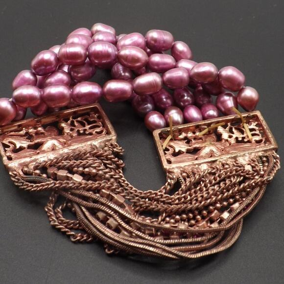 Pink Faux Pearl Floral Rhinestone Bracelet, Six Rows Glass Pearls, 7 Inches - Picture 8 of 14